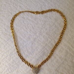 D'Orlan Vintage Gold Tone Chain Necklace with Rhinestone Heart Pendant 16 Inches